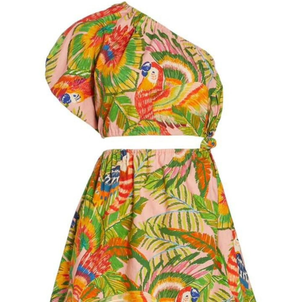 Farm Rio Macaw Leaves One-Shoulder Cut-Out Minidress.